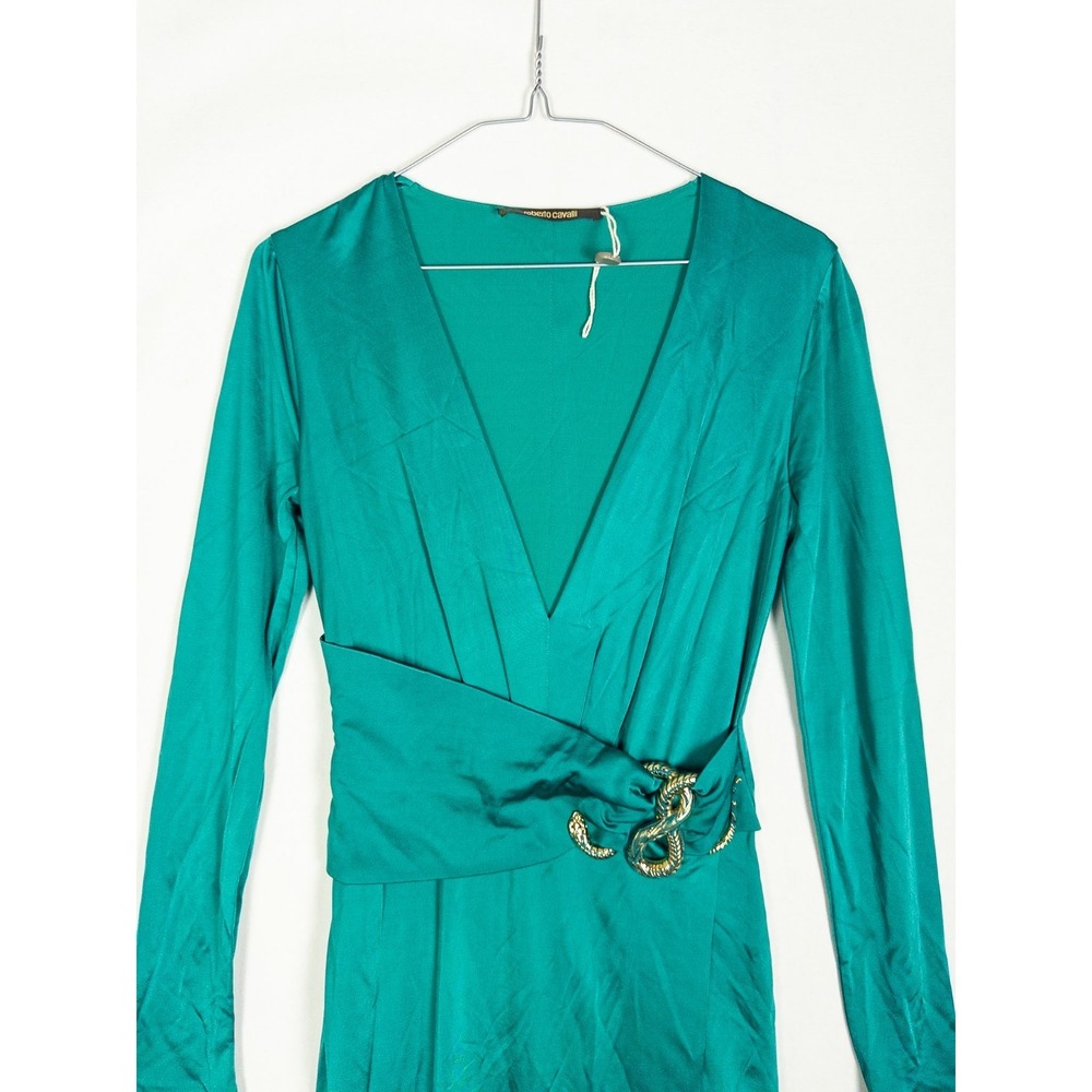 Roberto Cavalli Womens Emerald‎ Green Wrap Maxi Dress Gold Snake Long Sleeve